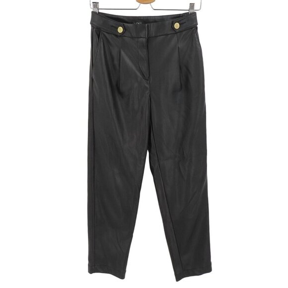 LOFT Womens 00 Solid Black Faux Leather Trouser Pants Gold Buttons Has Pockets - Picture 1 of 9
